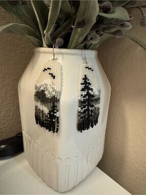 Handmade Black, White, Gray, White and Cream Beaded Fringe Earrings
